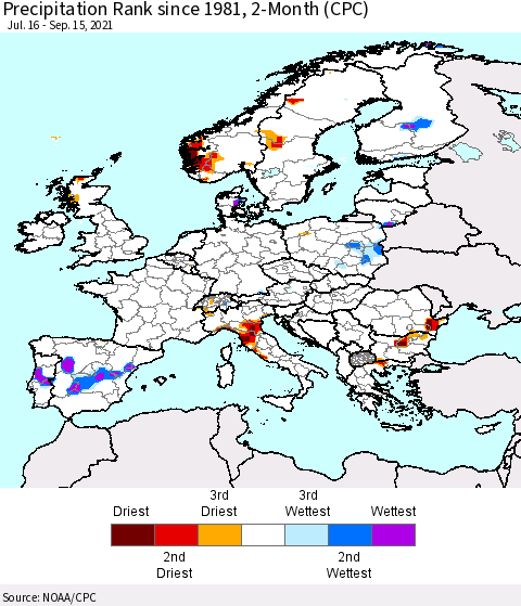 Europe Precipitation Rank since 1981, 2-Month (CPC) Thematic Map For 7/16/2021 - 9/15/2021