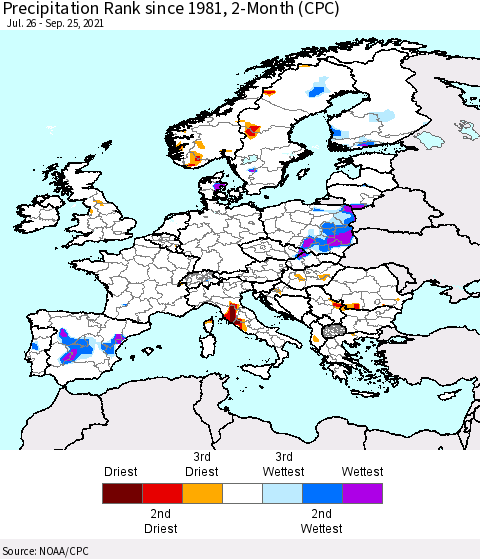 Europe Precipitation Rank 2-Month (CPC) Thematic Map For 7/26/2021 - 9/25/2021