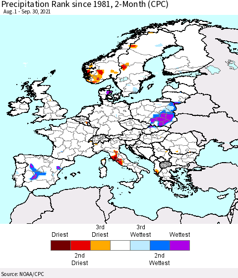 Europe Precipitation Rank 2-Month (CPC) Thematic Map For 8/1/2021 - 9/30/2021