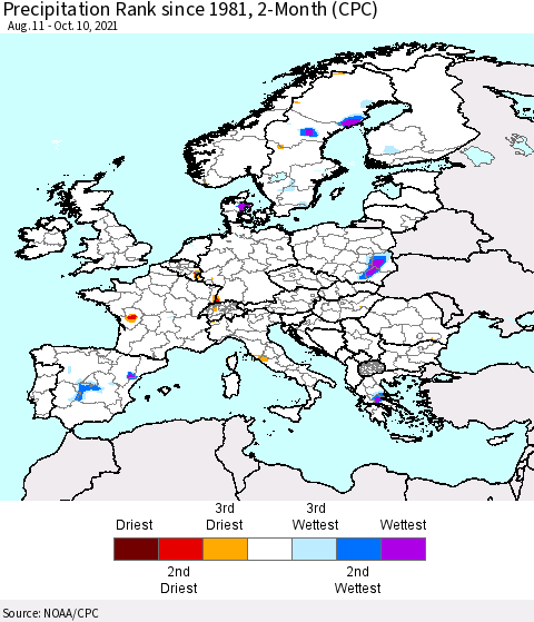 Europe Precipitation Rank 2-Month (CPC) Thematic Map For 8/11/2021 - 10/10/2021