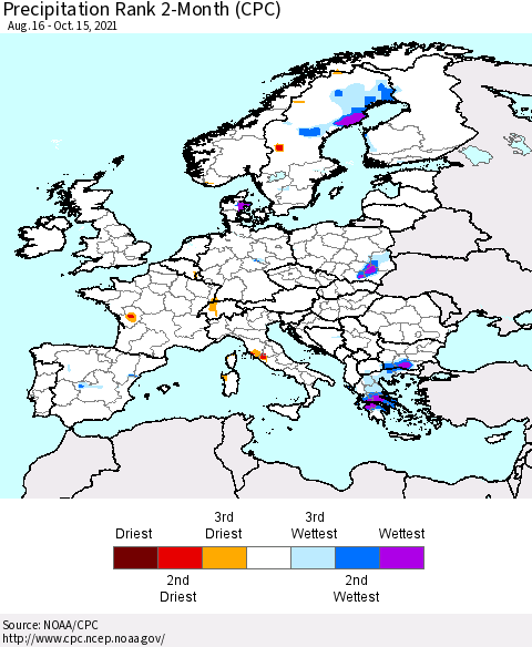 Europe Precipitation Rank 2-Month (CPC) Thematic Map For 8/16/2021 - 10/15/2021
