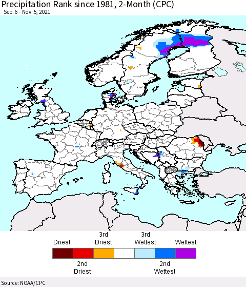 Europe Precipitation Rank since 1981, 2-Month (CPC) Thematic Map For 9/6/2021 - 11/5/2021