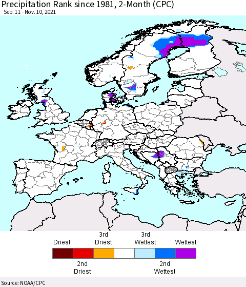Europe Precipitation Rank 2-Month (CPC) Thematic Map For 9/11/2021 - 11/10/2021