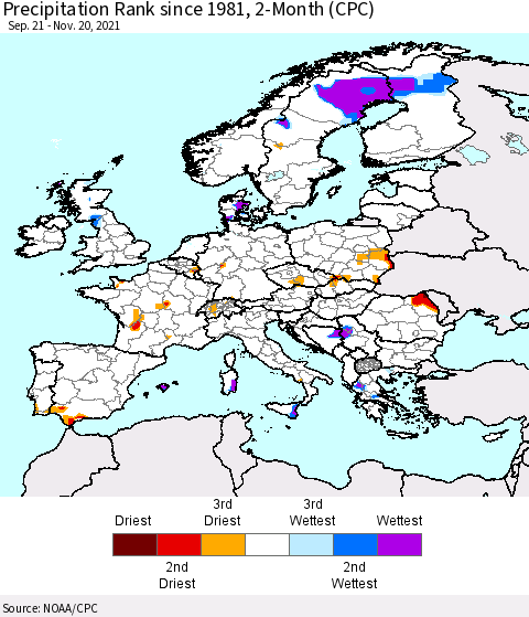 Europe Precipitation Rank 2-Month (CPC) Thematic Map For 9/21/2021 - 11/20/2021