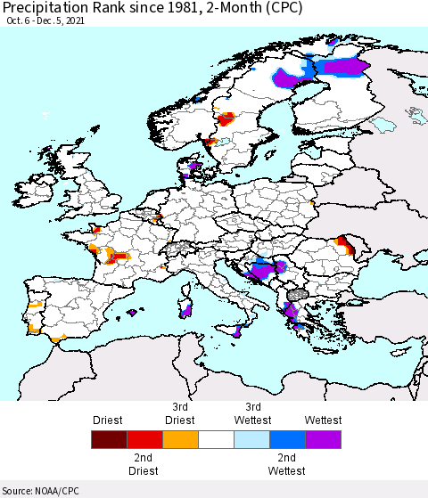 Europe Precipitation Rank 2-Month (CPC) Thematic Map For 10/6/2021 - 12/5/2021