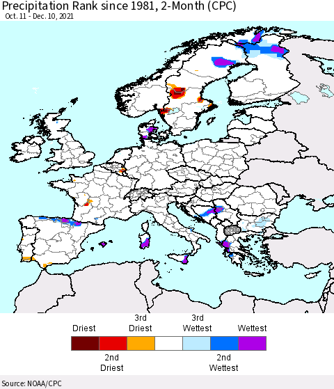 Europe Precipitation Rank 2-Month (CPC) Thematic Map For 10/11/2021 - 12/10/2021