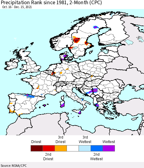 Europe Precipitation Rank 2-Month (CPC) Thematic Map For 10/16/2021 - 12/15/2021