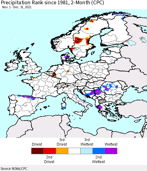 Europe Precipitation Rank since 1981, 2-Month (CPC) Thematic Map For 11/1/2021 - 12/31/2021