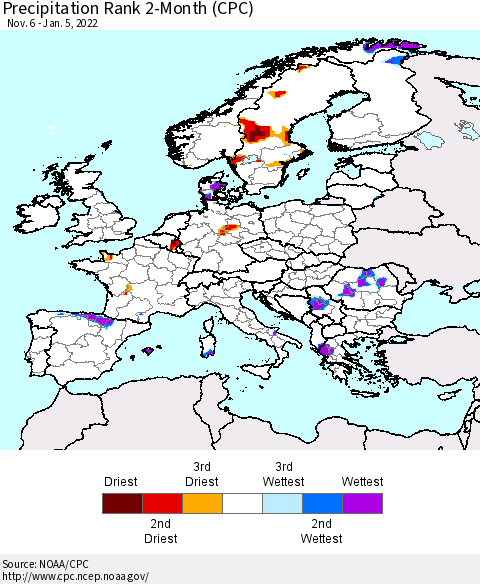 Europe Precipitation Rank 2-Month (CPC) Thematic Map For 11/6/2021 - 1/5/2022
