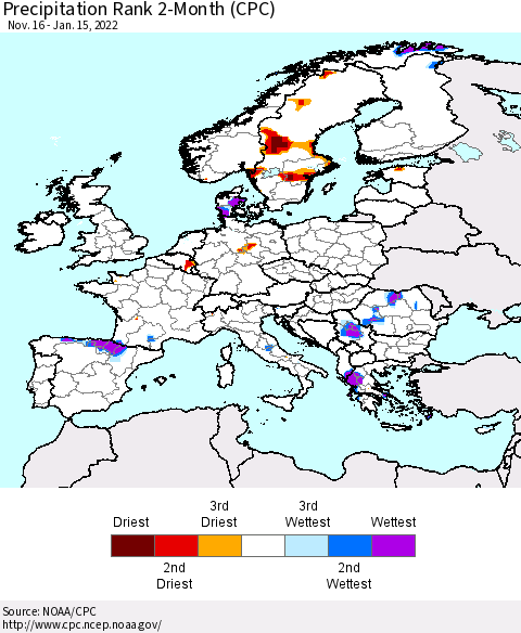 Europe Precipitation Rank 2-Month (CPC) Thematic Map For 11/16/2021 - 1/15/2022