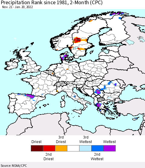 Europe Precipitation Rank since 1981, 2-Month (CPC) Thematic Map For 11/21/2021 - 1/20/2022