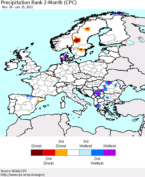 Europe Precipitation Rank 2-Month (CPC) Thematic Map For 11/26/2021 - 1/25/2022