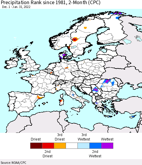 Europe Precipitation Rank since 1981, 2-Month (CPC) Thematic Map For 12/1/2021 - 1/31/2022