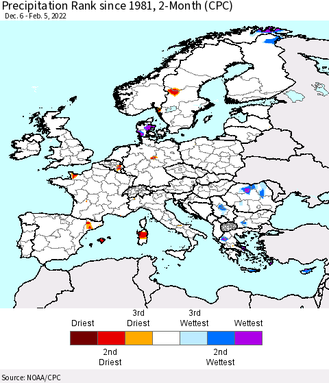 Europe Precipitation Rank 2-Month (CPC) Thematic Map For 12/6/2021 - 2/5/2022