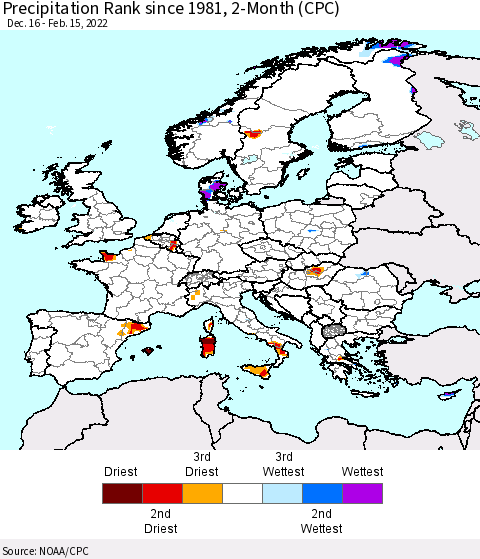 Europe Precipitation Rank since 1981, 2-Month (CPC) Thematic Map For 12/16/2021 - 2/15/2022