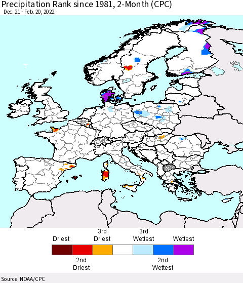 Europe Precipitation Rank since 1981, 2-Month (CPC) Thematic Map For 12/21/2021 - 2/20/2022