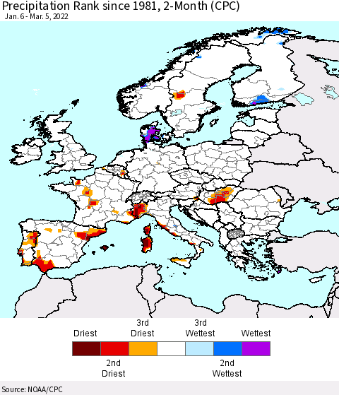 Europe Precipitation Rank 2-Month (CPC) Thematic Map For 1/6/2022 - 3/5/2022