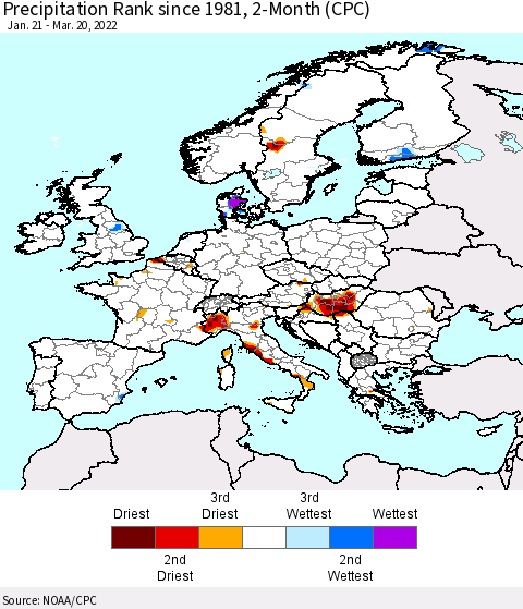 Europe Precipitation Rank 2-Month (CPC) Thematic Map For 1/21/2022 - 3/20/2022