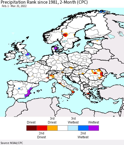 Europe Precipitation Rank 2-Month (CPC) Thematic Map For 2/1/2022 - 3/31/2022