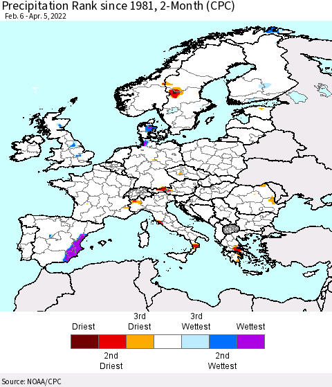 Europe Precipitation Rank 2-Month (CPC) Thematic Map For 2/6/2022 - 4/5/2022