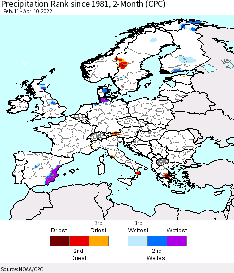 Europe Precipitation Rank since 1981, 2-Month (CPC) Thematic Map For 2/11/2022 - 4/10/2022
