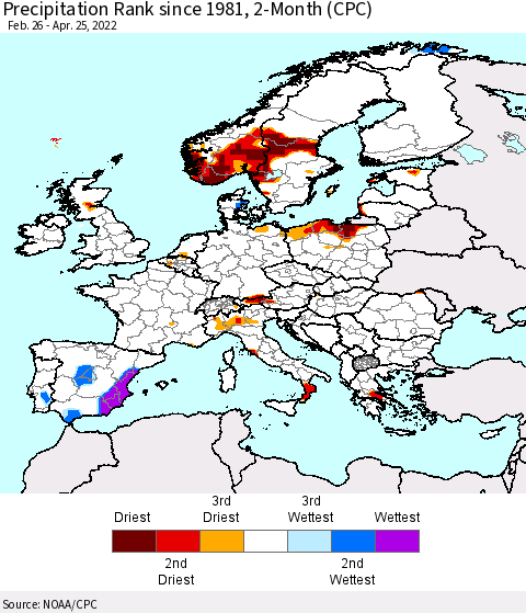 Europe Precipitation Rank 2-Month (CPC) Thematic Map For 2/26/2022 - 4/25/2022