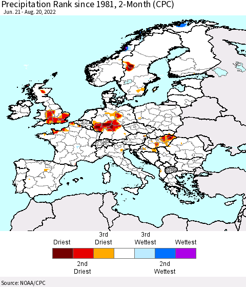 Europe Precipitation Rank since 1981, 2-Month (CPC) Thematic Map For 6/21/2022 - 8/20/2022