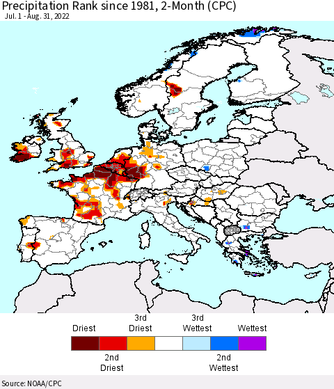 Europe Precipitation Rank since 1981, 2-Month (CPC) Thematic Map For 7/1/2022 - 8/31/2022