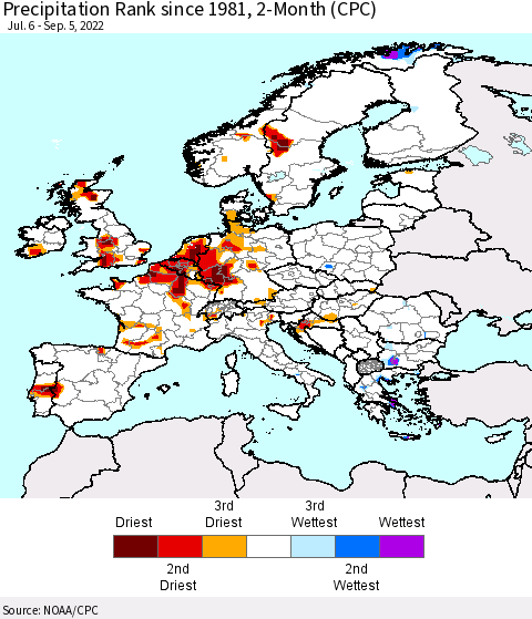 Europe Precipitation Rank since 1981, 2-Month (CPC) Thematic Map For 7/6/2022 - 9/5/2022