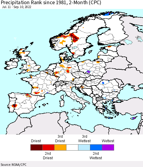 Europe Precipitation Rank since 1981, 2-Month (CPC) Thematic Map For 7/11/2022 - 9/10/2022