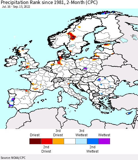 Europe Precipitation Rank since 1981, 2-Month (CPC) Thematic Map For 7/16/2022 - 9/15/2022