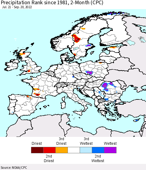 Europe Precipitation Rank since 1981, 2-Month (CPC) Thematic Map For 7/21/2022 - 9/20/2022