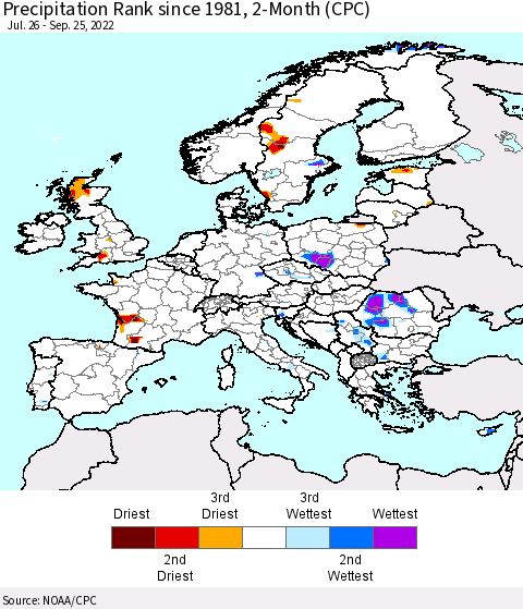 Europe Precipitation Rank since 1981, 2-Month (CPC) Thematic Map For 7/26/2022 - 9/25/2022