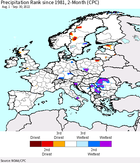Europe Precipitation Rank since 1981, 2-Month (CPC) Thematic Map For 8/1/2022 - 9/30/2022