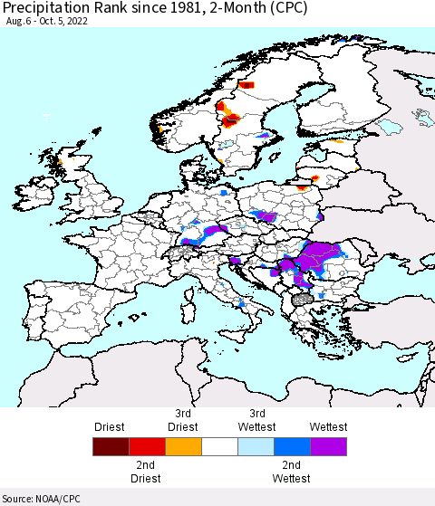 Europe Precipitation Rank since 1981, 2-Month (CPC) Thematic Map For 8/6/2022 - 10/5/2022