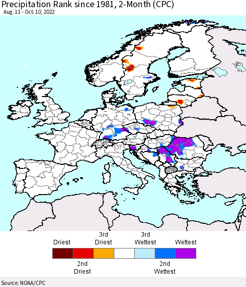Europe Precipitation Rank since 1981, 2-Month (CPC) Thematic Map For 8/11/2022 - 10/10/2022