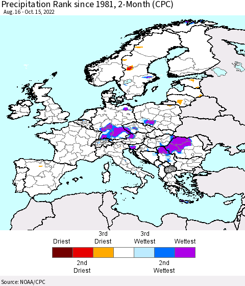 Europe Precipitation Rank since 1981, 2-Month (CPC) Thematic Map For 8/16/2022 - 10/15/2022