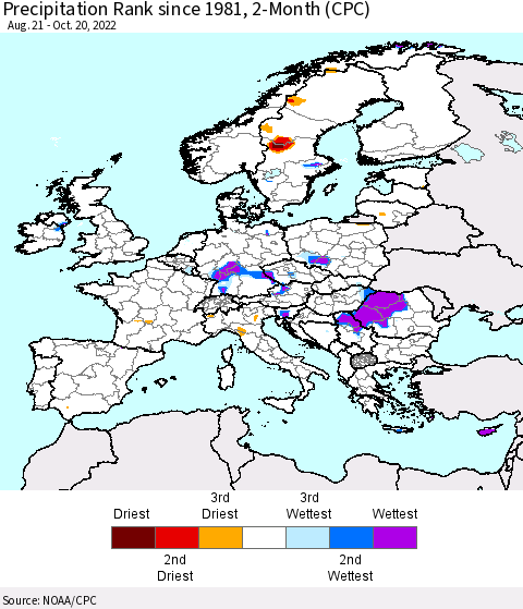 Europe Precipitation Rank since 1981, 2-Month (CPC) Thematic Map For 8/21/2022 - 10/20/2022