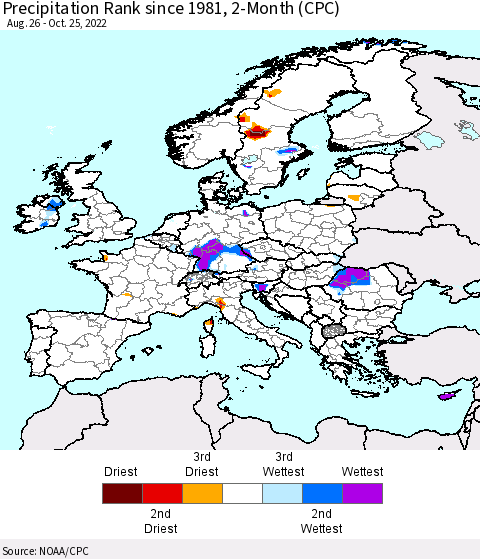 Europe Precipitation Rank since 1981, 2-Month (CPC) Thematic Map For 8/26/2022 - 10/25/2022