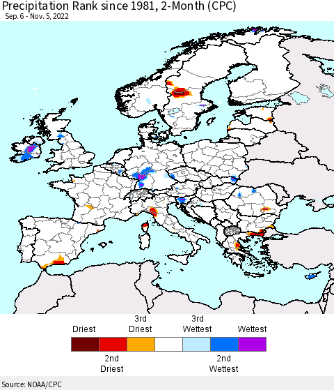 Europe Precipitation Rank since 1981, 2-Month (CPC) Thematic Map For 9/6/2022 - 11/5/2022