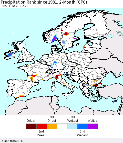 Europe Precipitation Rank since 1981, 2-Month (CPC) Thematic Map For 9/11/2022 - 11/10/2022