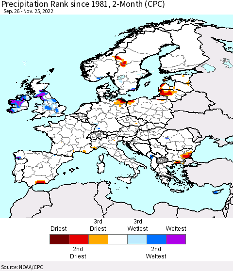 Europe Precipitation Rank since 1981, 2-Month (CPC) Thematic Map For 9/26/2022 - 11/25/2022