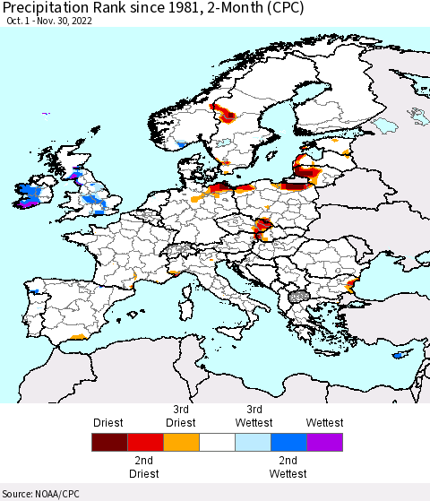 Europe Precipitation Rank since 1981, 2-Month (CPC) Thematic Map For 10/1/2022 - 11/30/2022