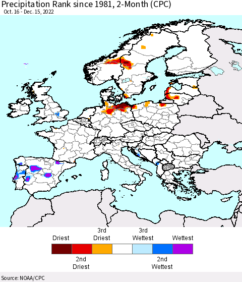Europe Precipitation Rank since 1981, 2-Month (CPC) Thematic Map For 10/16/2022 - 12/15/2022