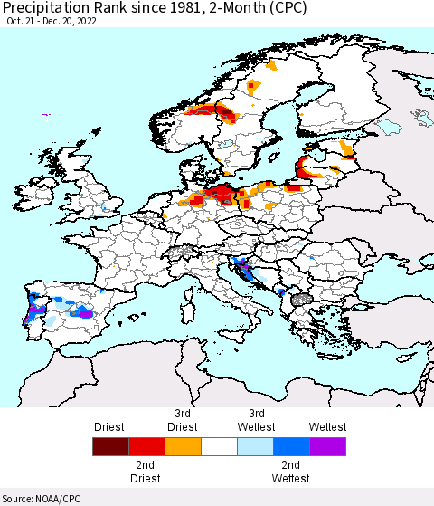 Europe Precipitation Rank since 1981, 2-Month (CPC) Thematic Map For 10/21/2022 - 12/20/2022