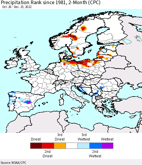 Europe Precipitation Rank since 1981, 2-Month (CPC) Thematic Map For 10/26/2022 - 12/25/2022
