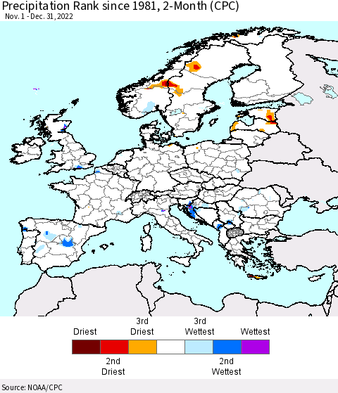 Europe Precipitation Rank since 1981, 2-Month (CPC) Thematic Map For 11/1/2022 - 12/31/2022