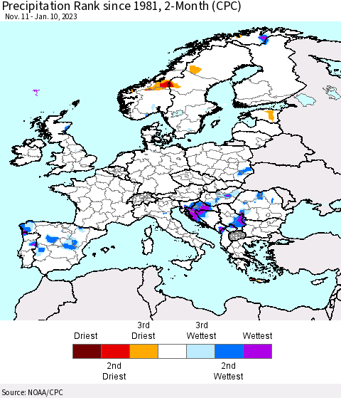 Europe Precipitation Rank since 1981, 2-Month (CPC) Thematic Map For 11/11/2022 - 1/10/2023