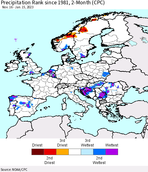 Europe Precipitation Rank since 1981, 2-Month (CPC) Thematic Map For 11/16/2022 - 1/15/2023