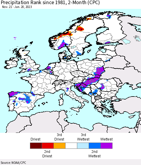 Europe Precipitation Rank since 1981, 2-Month (CPC) Thematic Map For 11/21/2022 - 1/20/2023